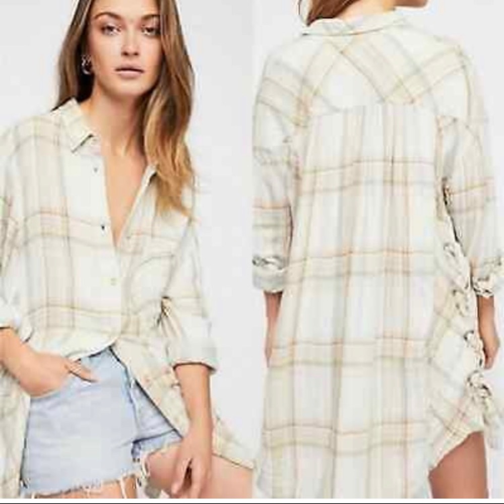 Free People Plaid Tunic in Cream and Tan
